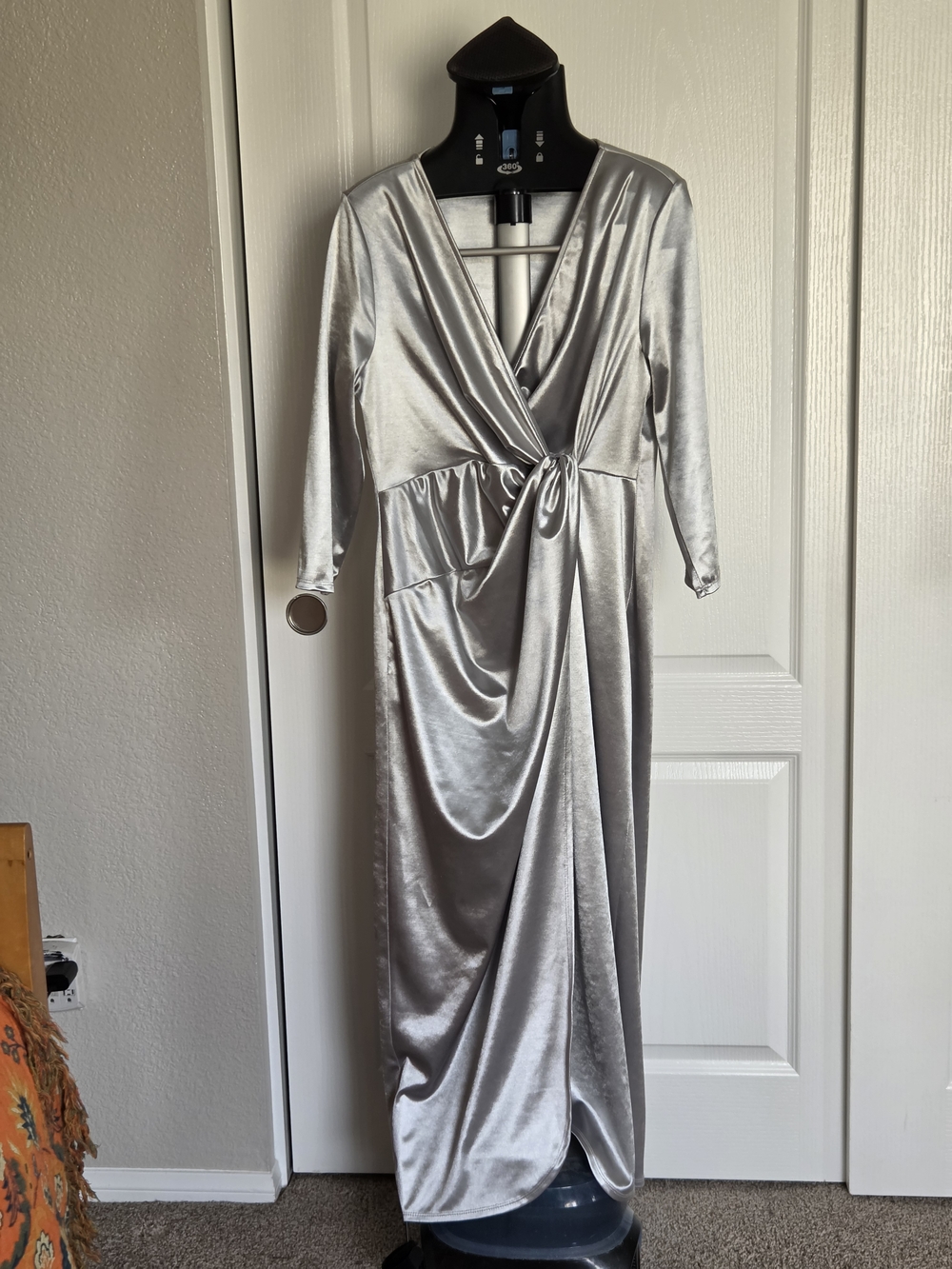 Silver Faux Wrap-Front Maxi Dress